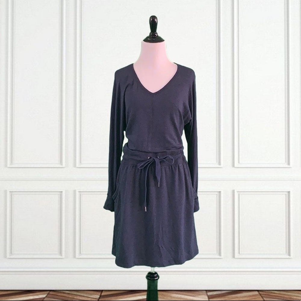 Athleta Navy Long Sleeve V-neck Tie Waist Dress